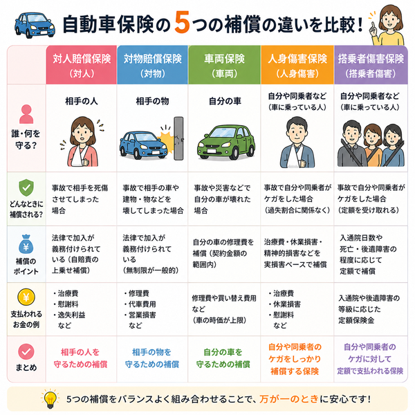 対人・対物・車両・人身傷害・搭乗者傷害の違い比較