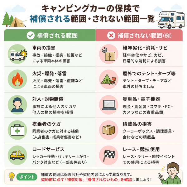 キャンピングカーの保険で補償される範囲・されない範囲一覧