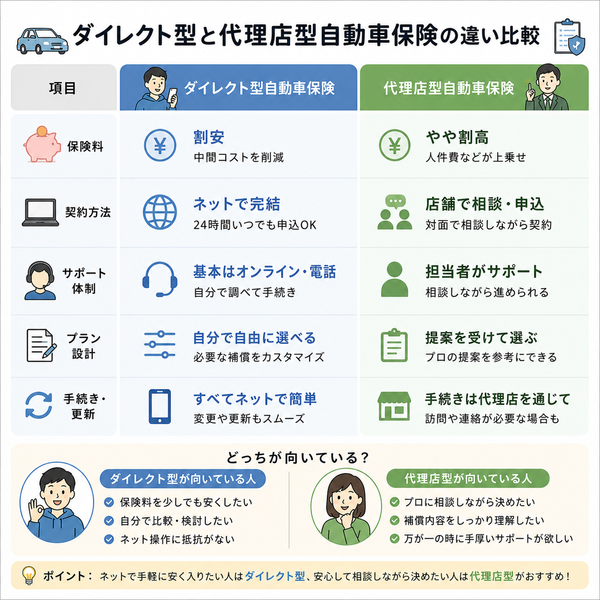 ダイレクト型と代理店型自動車保険の違い比較