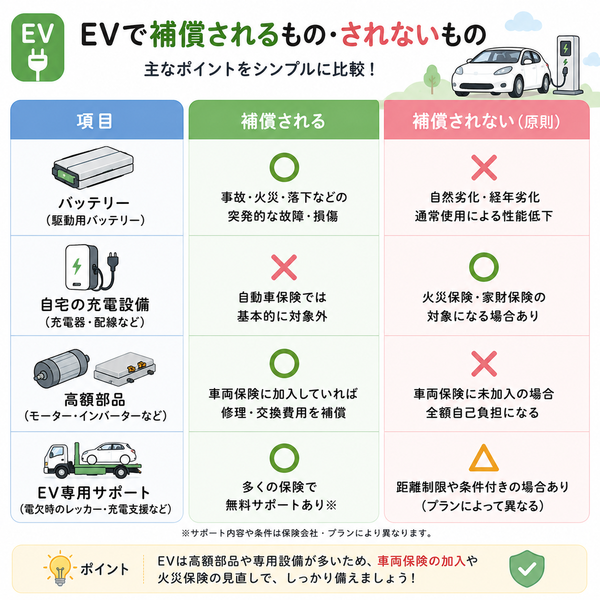EVで補償されるもの・されないもの比較図(バッテリー・充電設備・高額部品)