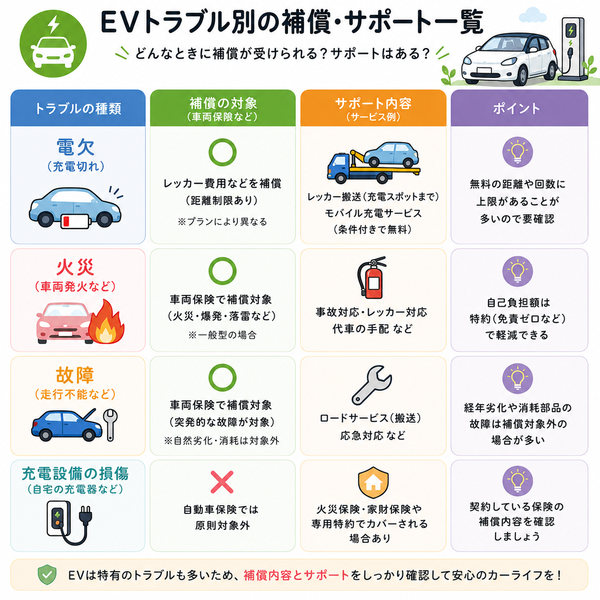 EVトラブル別の補償・サポート一覧(電欠・火災・故障・充電設備)