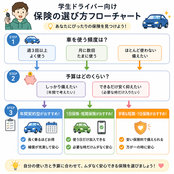 学生ドライバー向け保険の選び方フローチャート