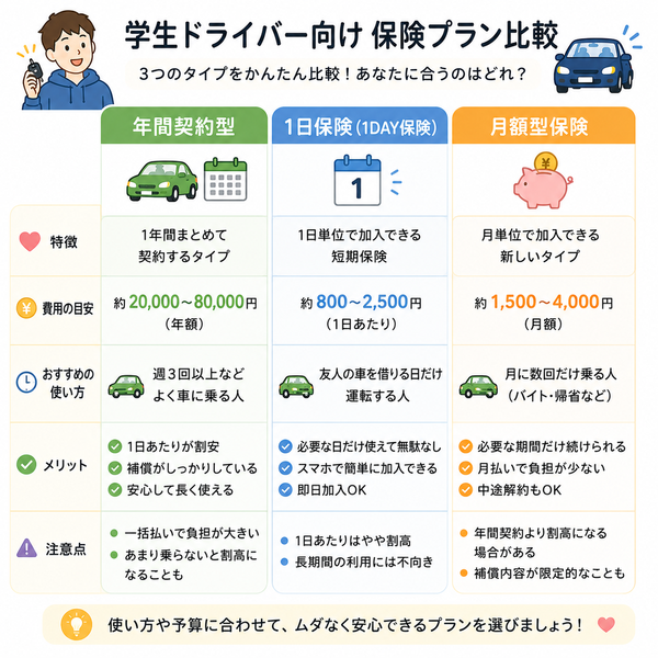 年間契約・1日保険・月額型の特徴比較図