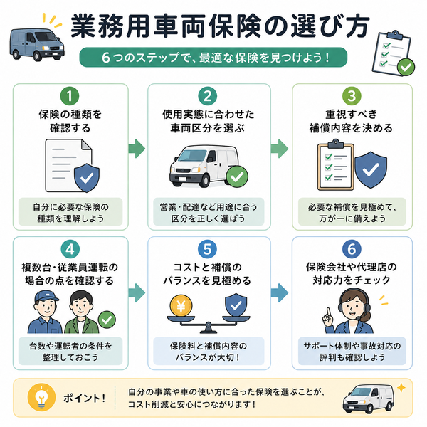 業務用車両保険の選び方（6ステップフロー図）