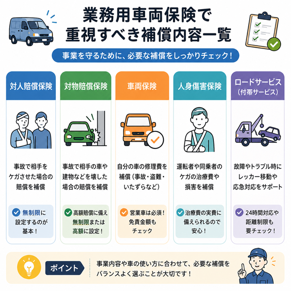 業務用車両保険で重視すべき補償内容一覧