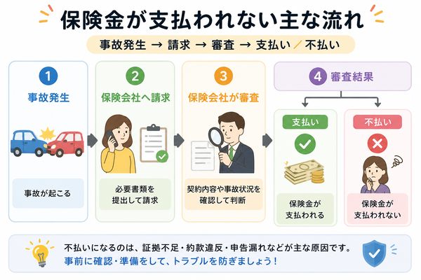 保険金が支払われない主な流れ（事故発生→請求→審査→支払い／不払い）