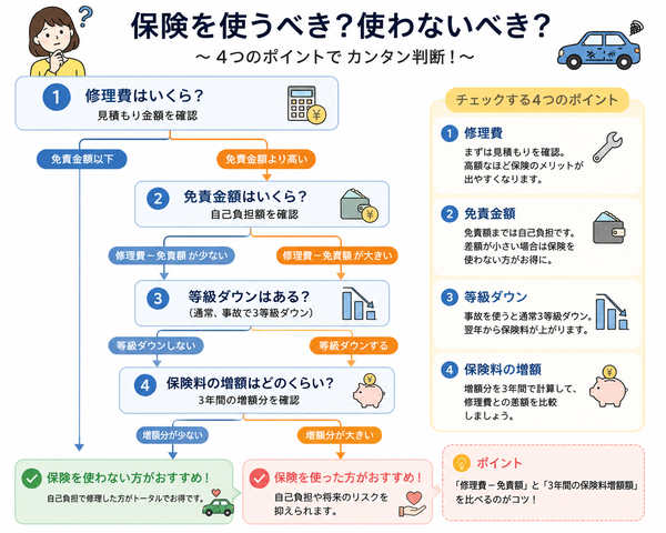 保険を使うべき？使わないべき？判断フローチャート（修理費・免責金額・等級ダウン・保険料増額を比較）