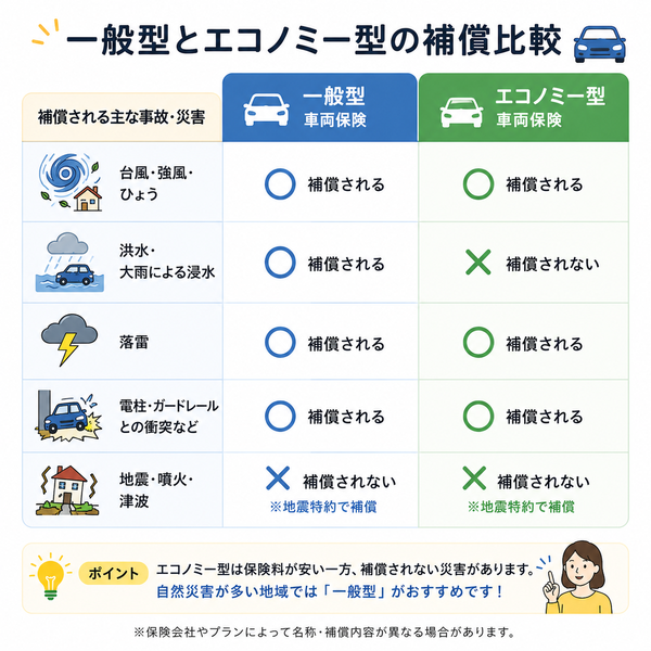 一般型車両保険とエコノミー型の補償比較