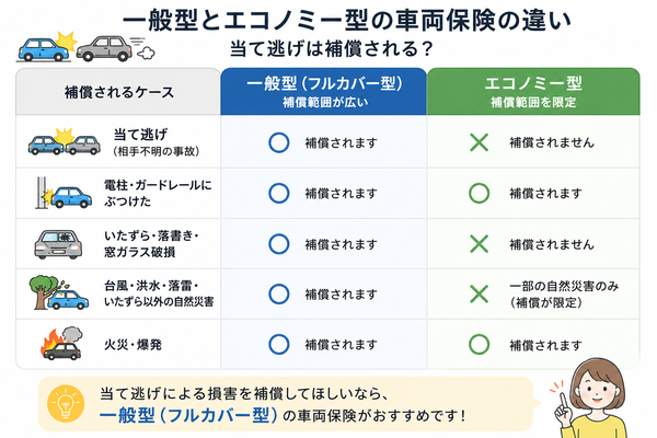 一般型・エコノミー型車両保険の補償範囲比較図（当て逃げは補償される？）
