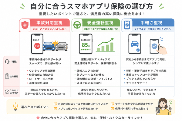 自分に合うスマホアプリ保険の選び方(事故対応重視・安全運転重視・手軽さ重視の比較)