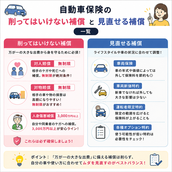 自動車保険の「削ってはいけない補償」と「見直せる補償」一覧