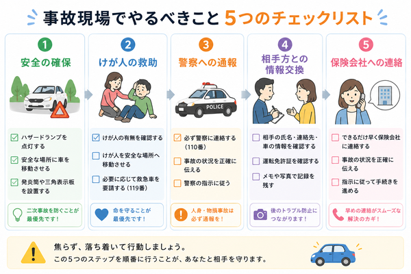 事故現場でやるべきこと5つチェックリスト（安全確保→救助→警察→情報交換→保険会社）