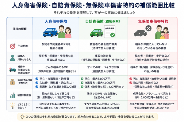 人身傷害保険・自賠責保険・無保険車傷害特約の補償範囲比較
