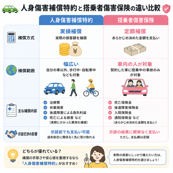 人身傷害補償特約と搭乗者傷害保険の違い比較