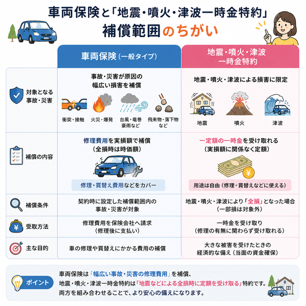 車両保険と「地震・噴火・津波一時金特約」の補償範囲比較