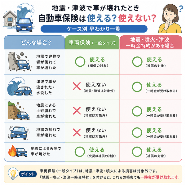 地震・津波で自動車保険が使える・使えないケース一覧