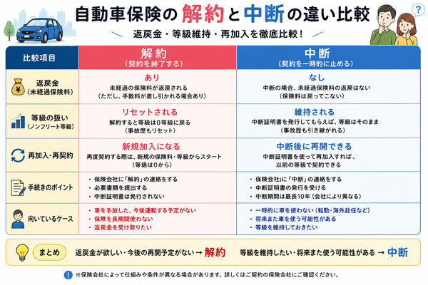 自動車保険の解約と中断の違い比較（返戻金・等級維持・再加入を比較）