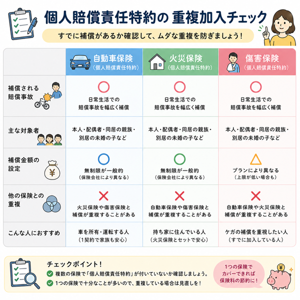 個人賠償責任特約の重複加入チェック