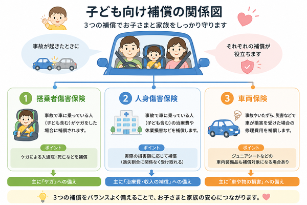 子ども向け補償(搭乗者傷害・人身傷害・車両保険)の関係図