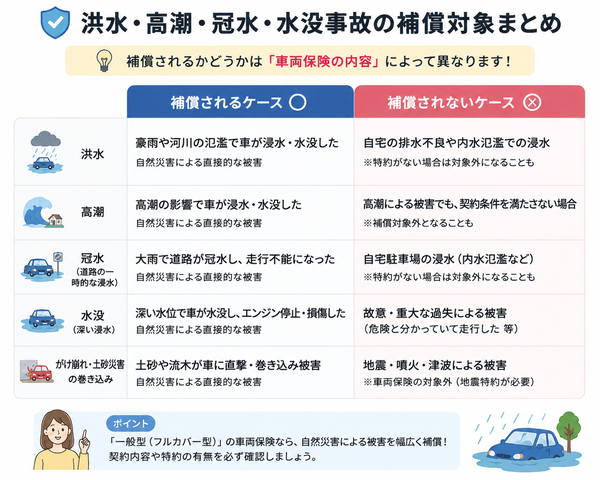 洪水・高潮・冠水・水没事故で「補償されるケース/補償されないケース」一覧