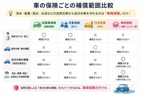 車の保険ごとの補償範囲比較