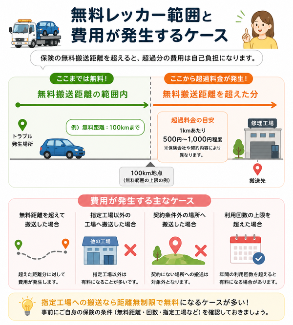 無料レッカー範囲と費用が発生するケース