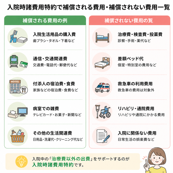 入院時諸費用特約で補償される費用・補償されない費用一覧
