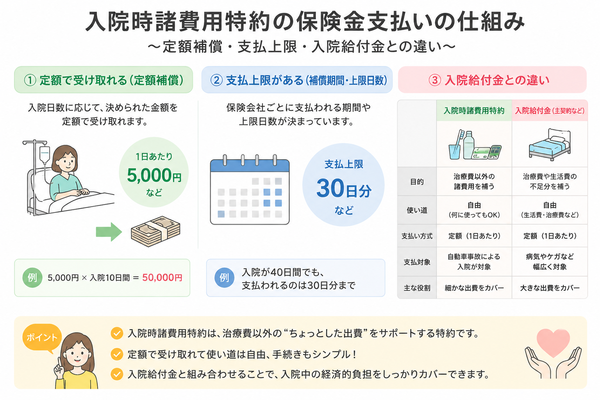 入院時諸費用特約の保険金支払いの仕組み（定額補償・支払上限・入院給付金との違い）
