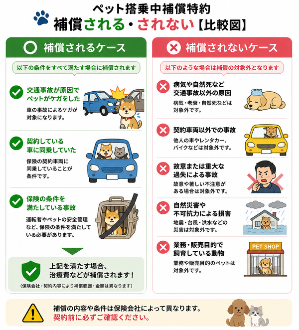 ペット搭乗中補償特約で補償される・されない【比較図】