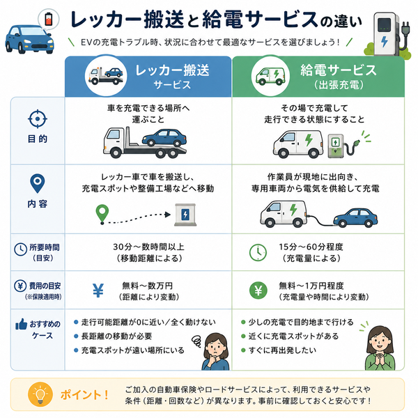 レッカー搬送と給電サービスの違い比較図