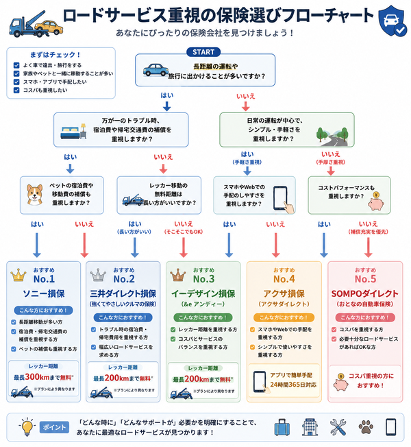 ロードサービス重視の保険選びフローチャート