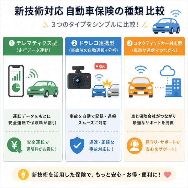 新技術対応自動車保険の種類比較(テレマティクス・ドラレコ・コネクティッドカー)