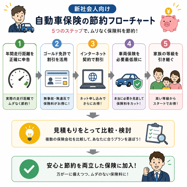 新社会人向け 自動車保険の節約フローチャート
