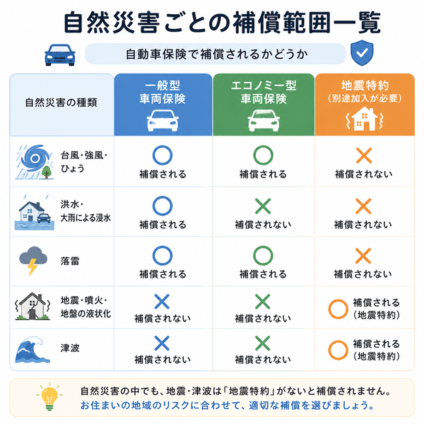 自然災害ごとの補償範囲一覧（台風・洪水・落雷・地震・津波）