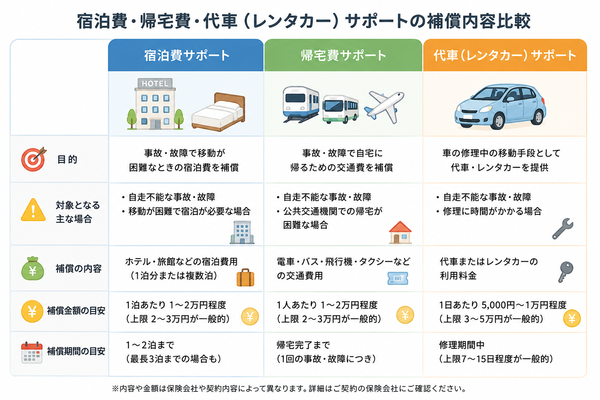 宿泊費・帰宅費・代車(レンタカー)サポートの補償内容比較図