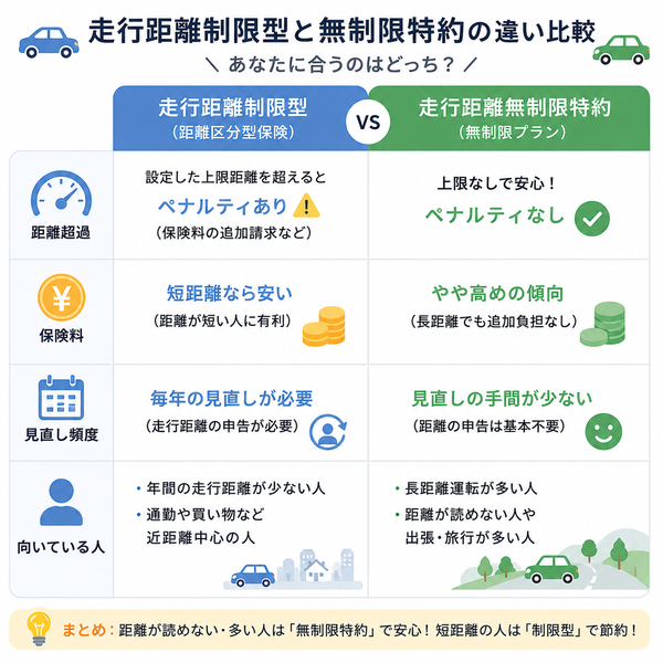 走行距離制限型と無制限特約の違い比較