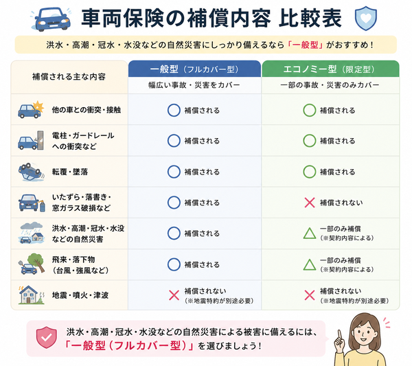 一般型とエコノミー型(限定型)の補償内容比較表