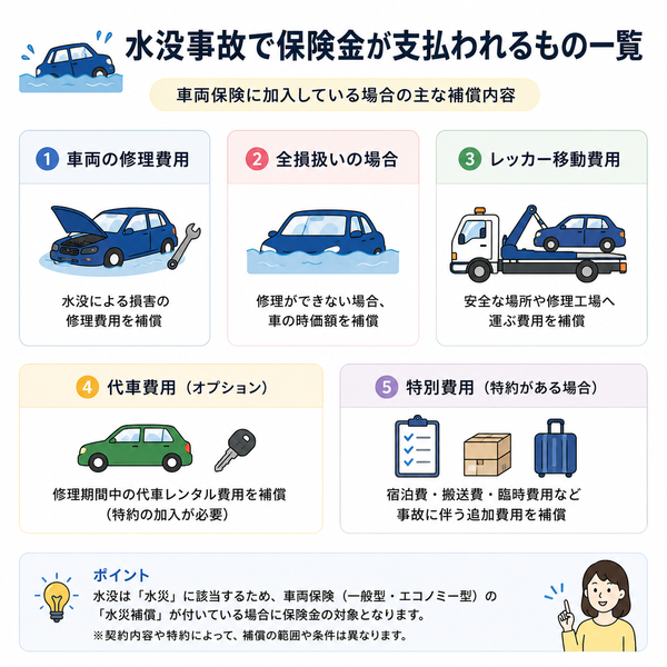 水没事故で保険金が支払われるもの一覧（修理費・全損・レッカー・代車・特約）