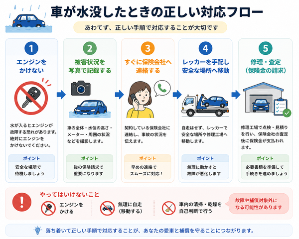 車が水没したときの正しい対応フローチャート