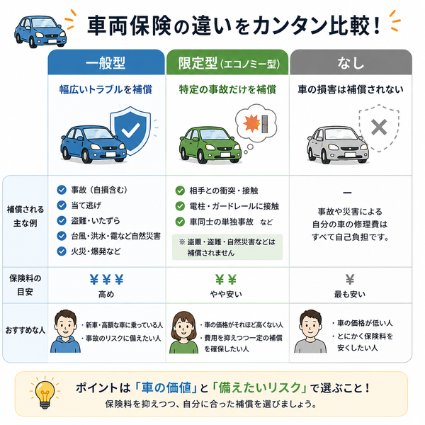 車両保険「一般型・限定型・なし」の違い比較図