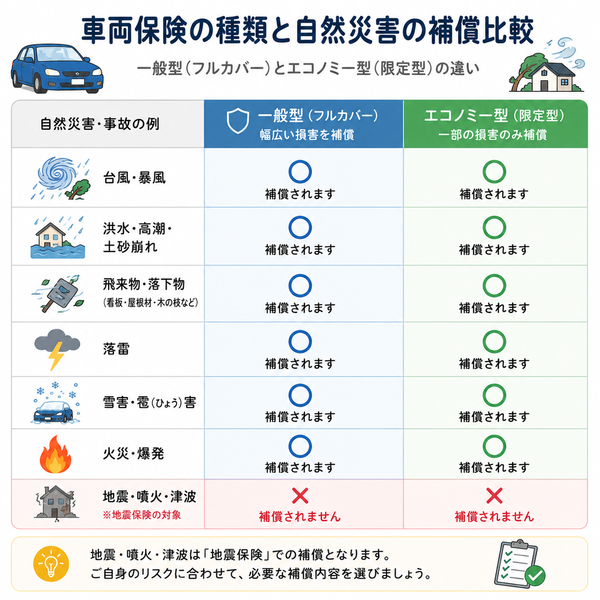 一般型・エコノミー型の補償比較(台風・洪水・飛来物・地震などを○×で比較)
