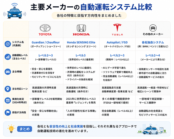 主要メーカーの自動運転システム比較