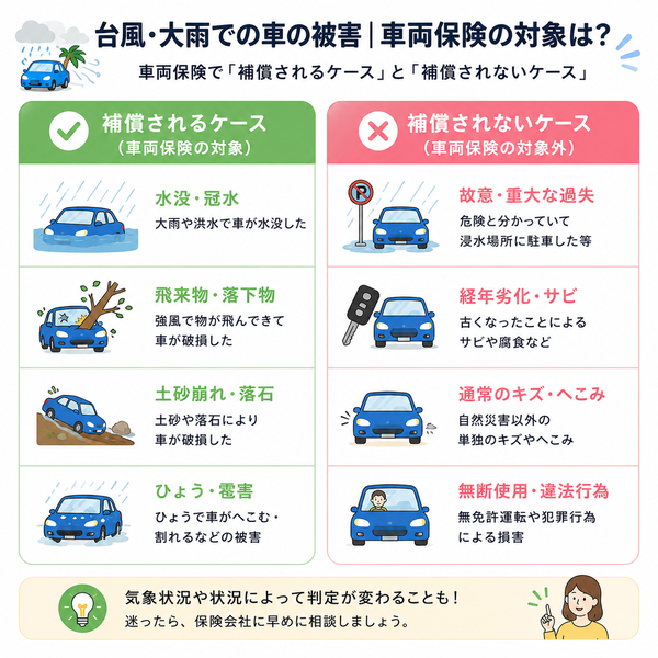 台風・大雨で車両保険が補償する・しない被害一覧