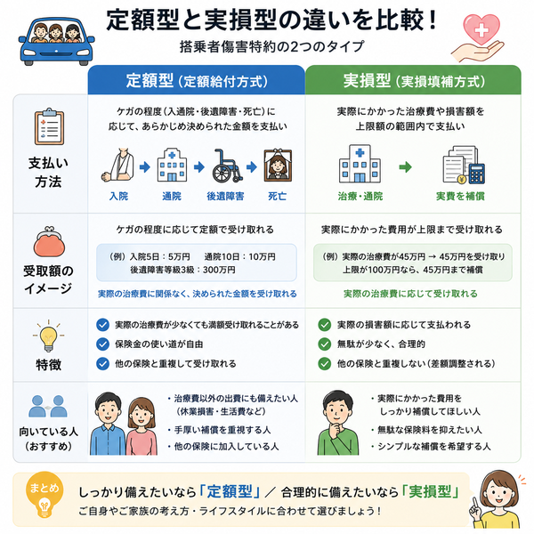 定額型と実損型の違い比較図(支払い方法・受取額・向いている人)