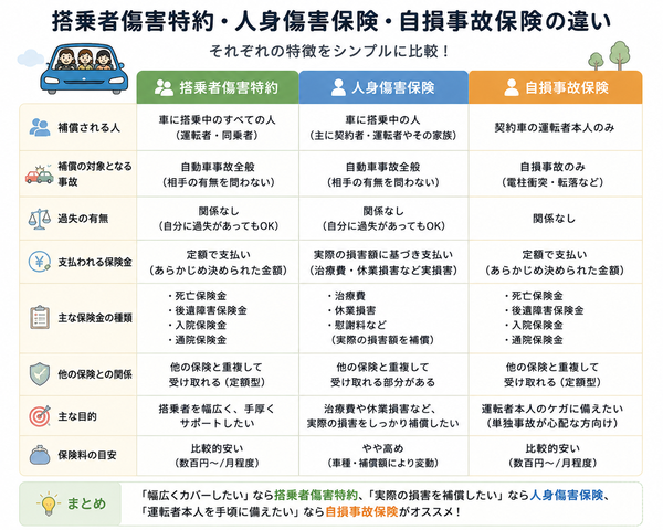 搭乗者傷害特約・人身傷害保険・自損事故保険の違い比較表