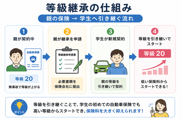 等級継承の仕組み（親の保険→学生へ引き継ぐ流れ）