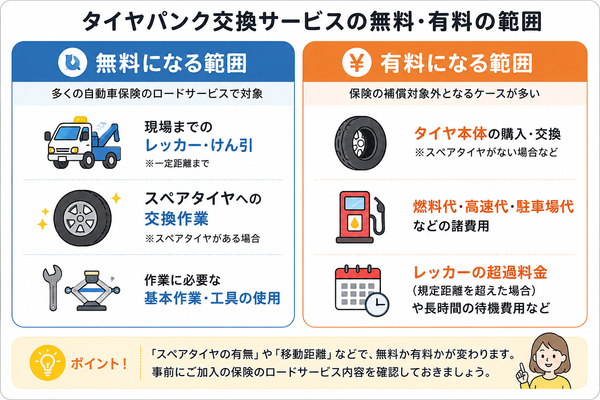 タイヤパンク交換サービスで無料になる範囲・有料になる範囲の比較図
