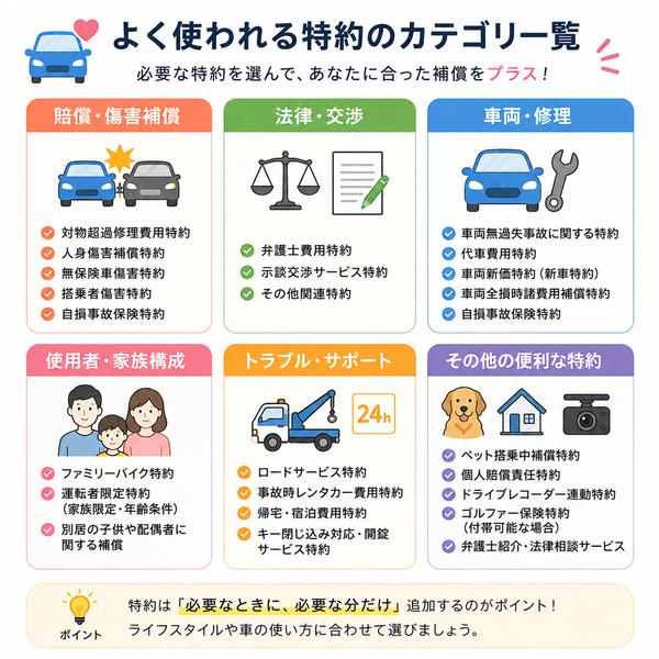 よく使われる特約のカテゴリ一覧