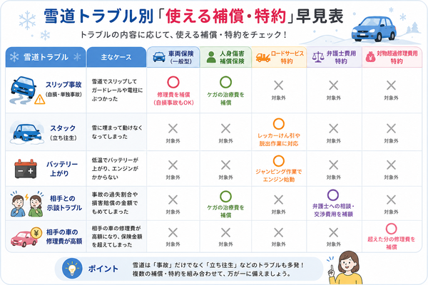 雪道トラブル別「使える補償・特約」早見表